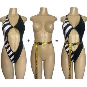 Off-White Striped Cutout Monokini with Yellow Tape Belt